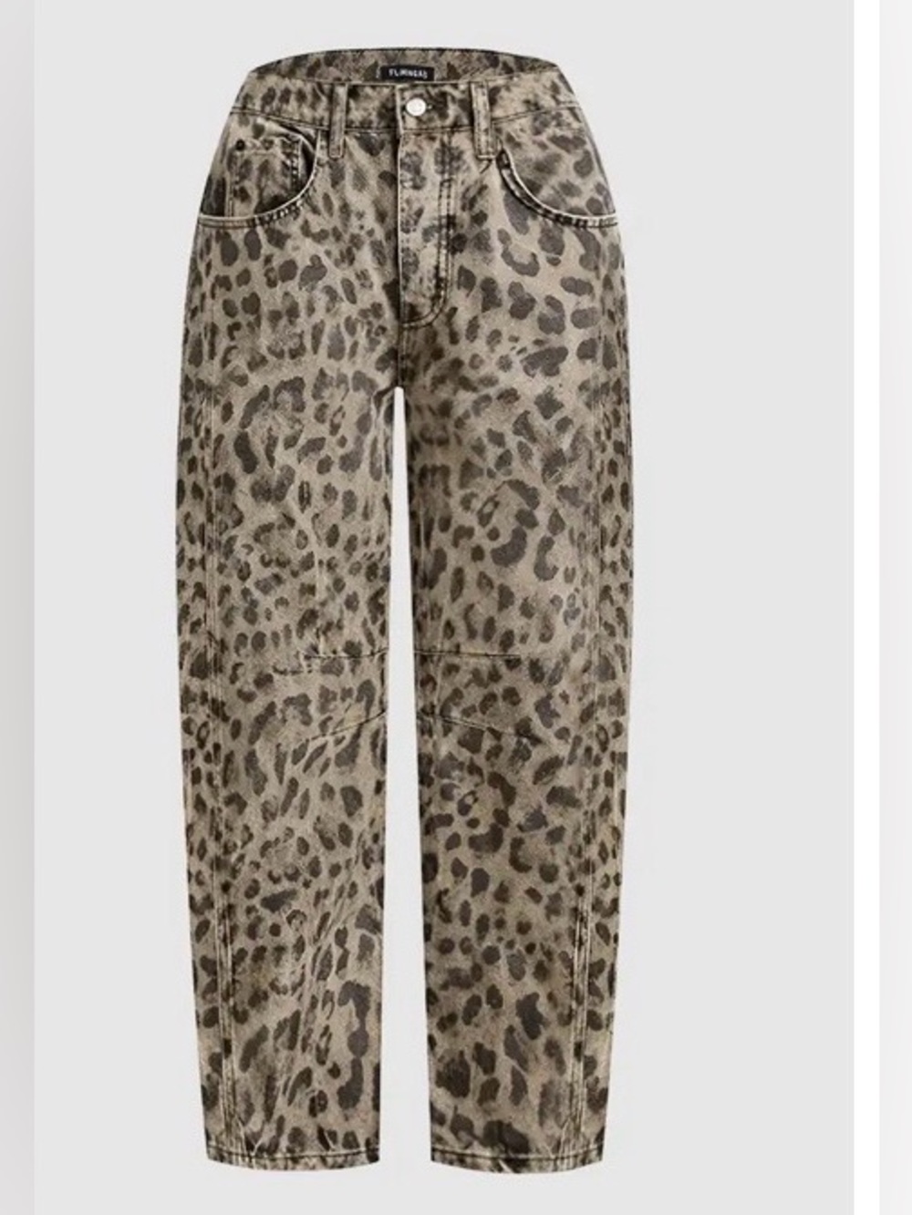 Flamingals Leopard Stitch Detail Mid Rise Barrel Leg Crop Jeans Size Large NWT - Picture 8 of 15